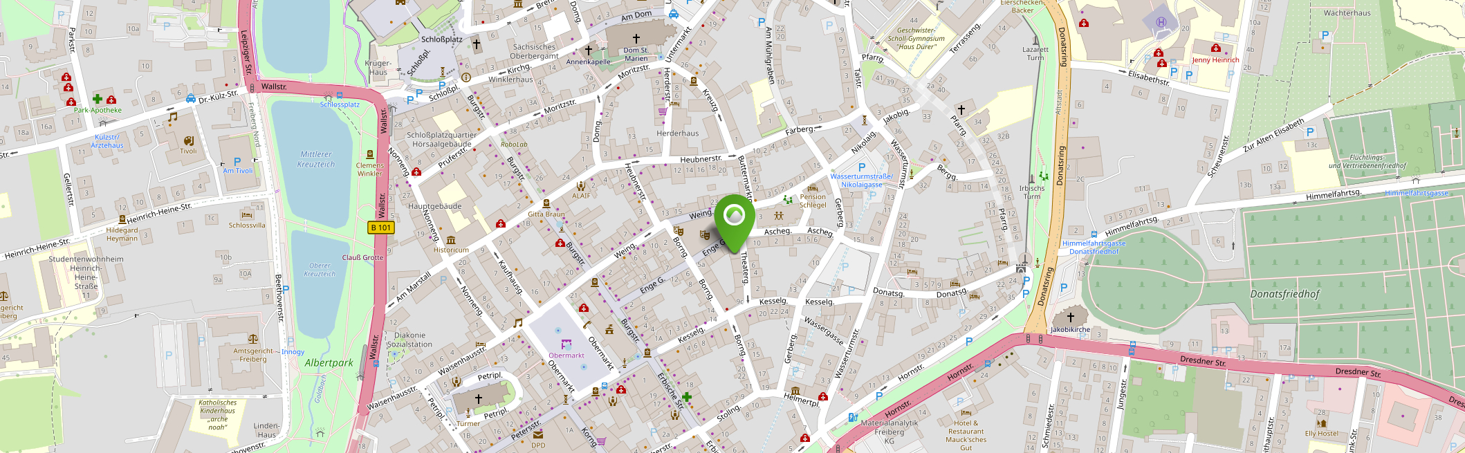 Screenshot der OpenStreetMap-Karte von Freiberg, eine Pin-Nadel markiert die Position der Praxis in der Stadt (Theatergasse 7a, 09599 Freiberg)